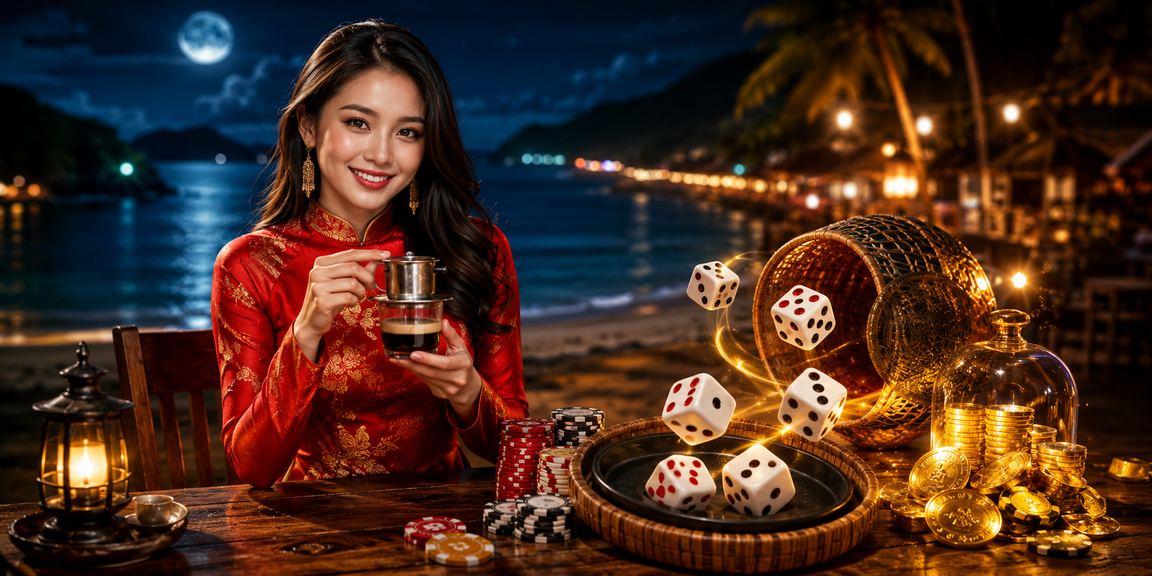 Thiếu nữ áo dài Côn Đảo bên bàn tài xỉu xúc xắc – không khí casino Việt Nam