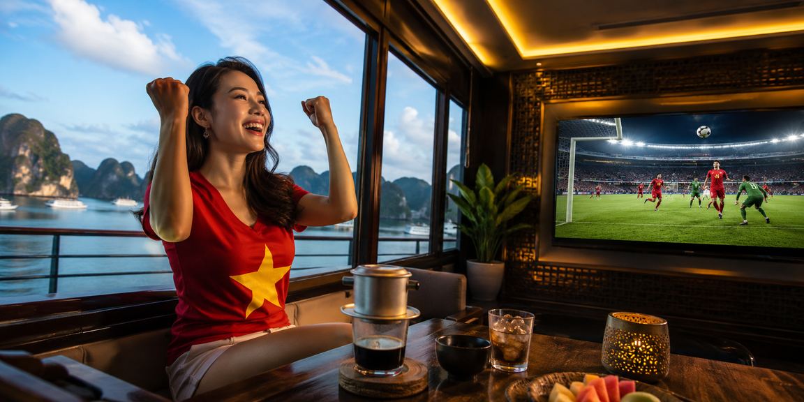 Du khách uống cà phê trên thuyền Hạ Long xem kèo cá cược thể thao qua điện thoại
