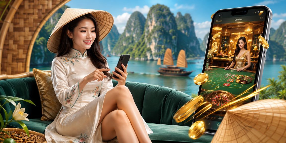 Người phụ nữ đội nón lá trên vịnh Hạ Long dùng app casino trực tuyến trên điện thoại