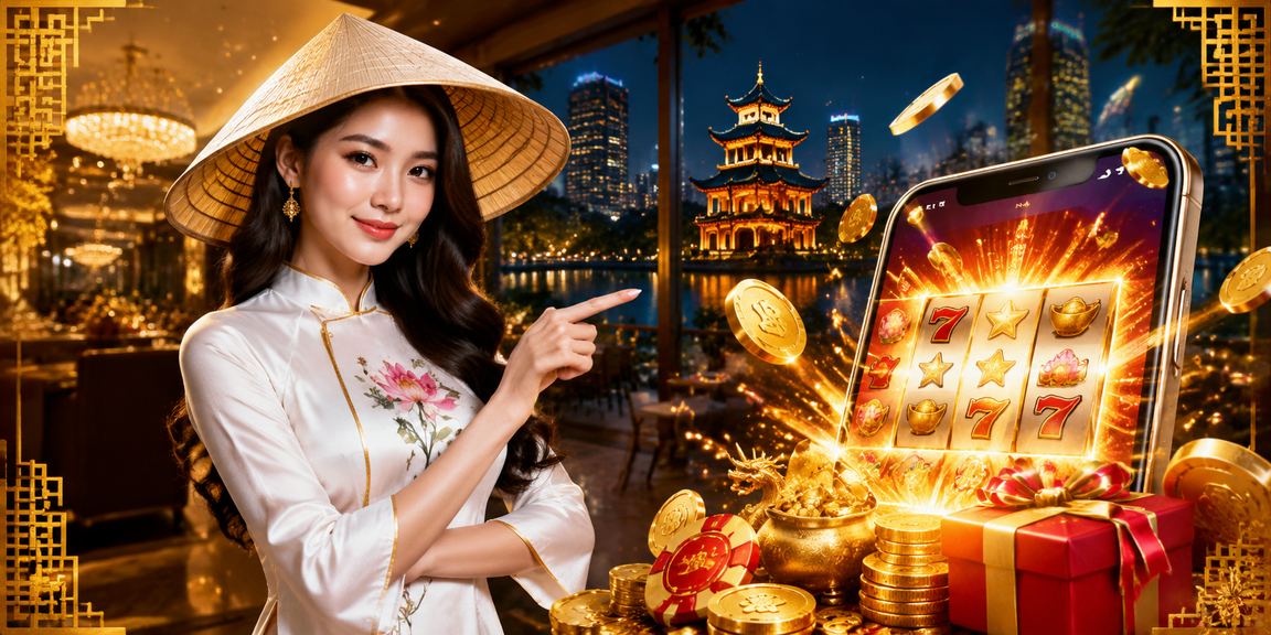 Người dùng Hà Nội đội nón lá chơi slot game quay hũ trên điện thoại buổi tối