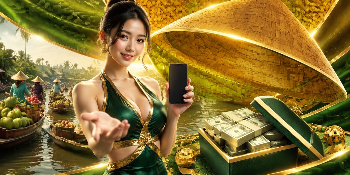 Người dùng đồng bằng sông Cửu Long đội nón lá chơi casino trực tuyến trên điện thoại bên sông