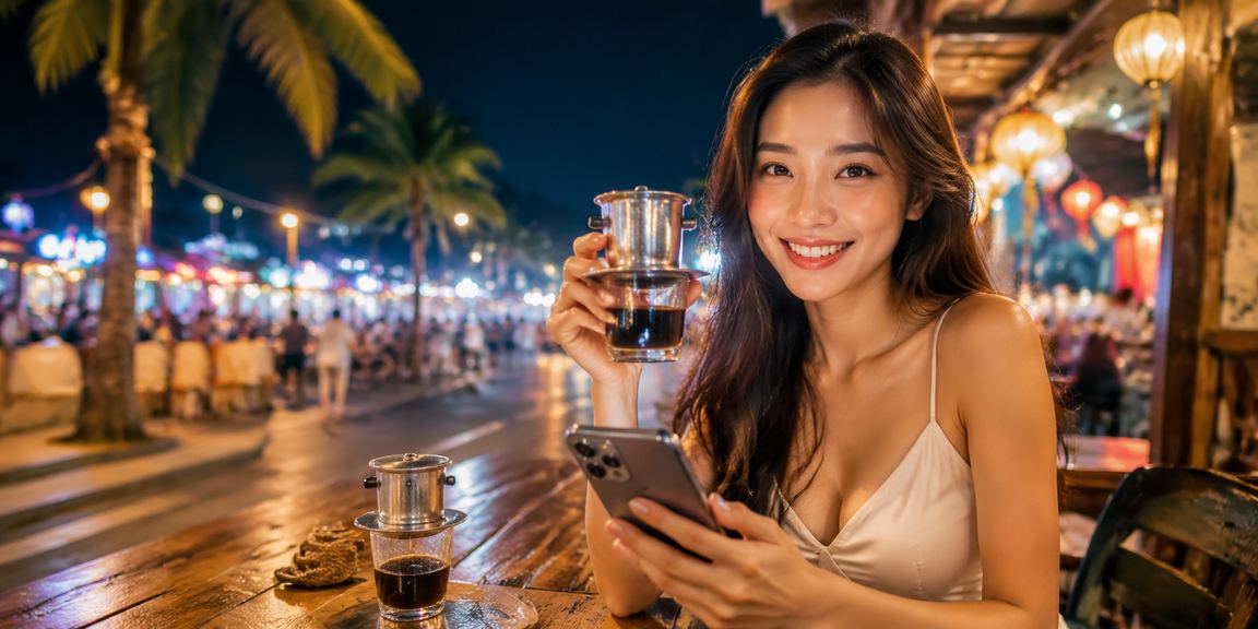 Thiếu nữ Nha Trang uống cà phê và chơi casino trên điện thoại di động bên bờ biển